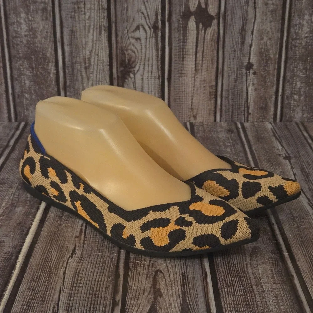 Sz 7 Rothy's The Point Big Cat Leopard Print Brown Tan Knit Flats Shoes VGUC!